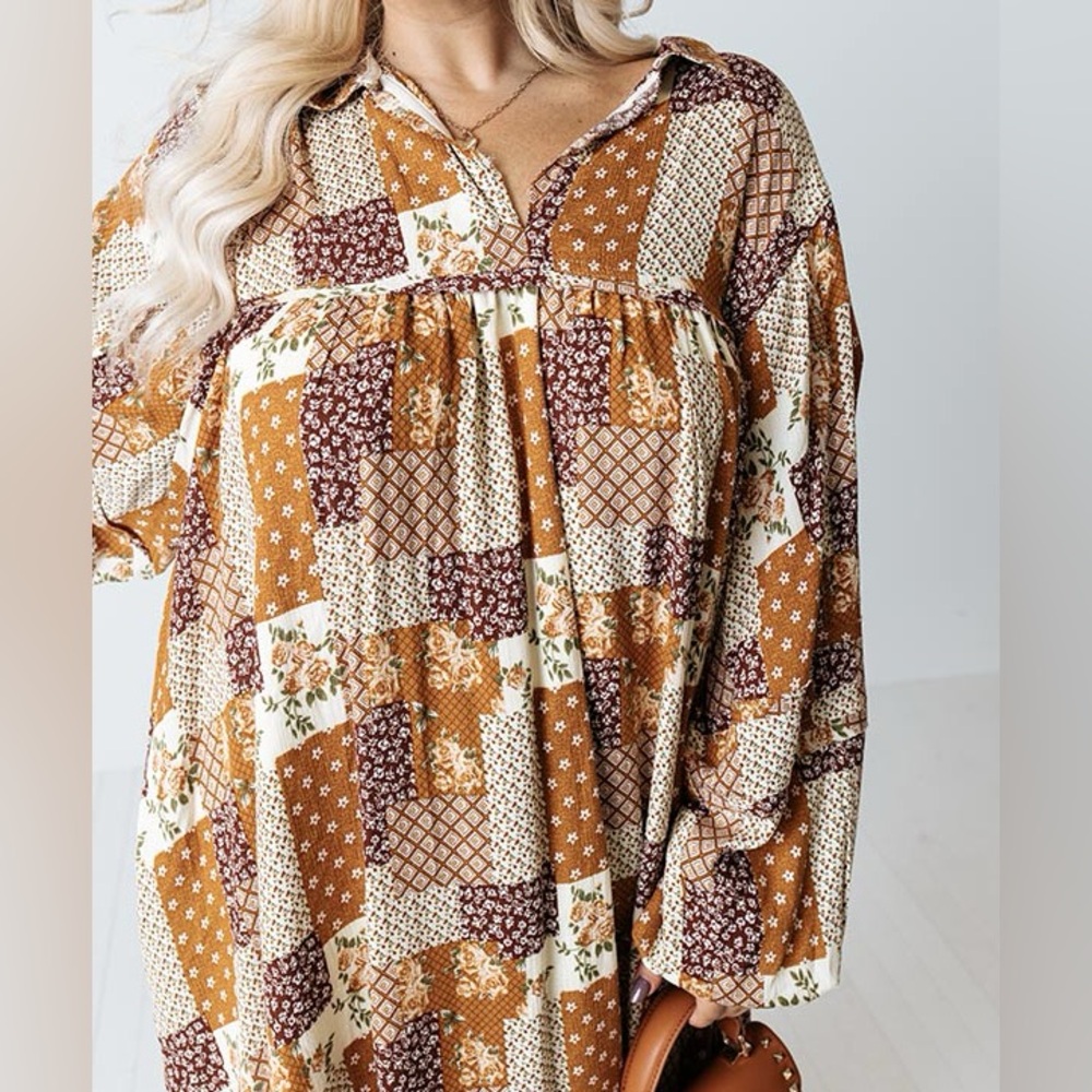 Meritt Long Sleeve Floral Patchwork Babydoll Tunic Top With Pockets